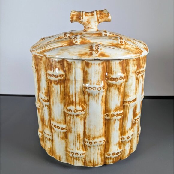 Vintage MCM Bamboo Design Ceramic Cookie Jar Canister Large - Picture 1 of 5